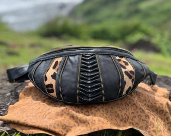 Leder Leopard Print Crossbody Bag : Handgefertigte Messing Akzent Festival Bauchtasche