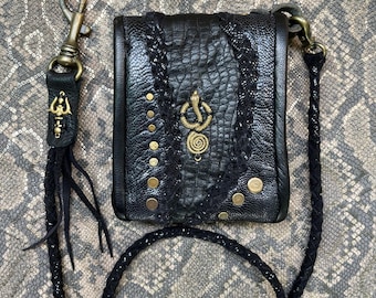Straußenleder Portemonnaie mit Messing | Psytrance | Gothic | brennender Mann