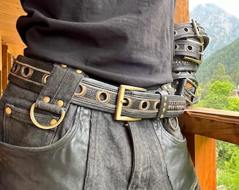 Handgefertigter Ledergürtel: Messing Detail, Versteckte Tasche - Festival Fashion
