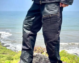 Baumwoll Cargo Hose mit Patchwork Details aus Reinem Leder, versteckte Taschen Festivals Psytrance Motorrad
