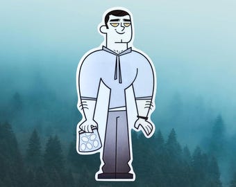 Könnte beinhalten: Ein Aufkleber mit einer Cartoon-Illustration eines Mannes in einem hellblauen Hemd und grauer Hose, der eine Tüte Eier hält. Der Text "Emmett Cullen" steht oben. Der Hintergrund ist eine verschwommene Waldszene.