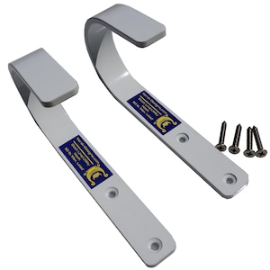 May include: Two white metal hooks with a blue and gold label that reads "Norske Designs.com Dock Line Utility Hook 50 lb Max Load". The hooks are attached to a white surface with screws.