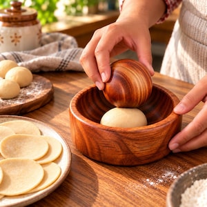 May include: A dark brown wooden bowl and a matching spherical wooden press used for shaping dough. The bowl has a smooth, polished finish with visible wood grain patterns. A small ball of beige dough sits inside the bowl, ready to be pressed.