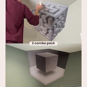 Könnte beinhalten: Ein 2er-Kombi-Pack Wandaufkleber mit 3D-optischen Täuschungen. Der obere Aufkleber zeigt einen grauen Labyrinth-Würfel, der untere einen schwebenden dunkelgrauen Würfel in einem hellgrauen Rahmen. Beide Designs sind an Wandecken angebracht.