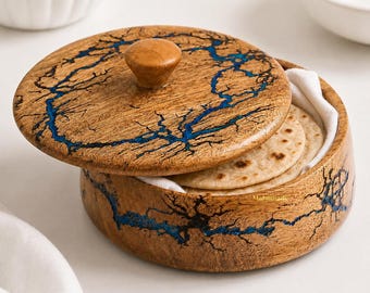 Handmade Mango Wood Roti Box with Blue Resin Art | Rustic Bread Keeper