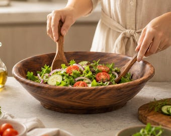 Handgemaakte serveerschaal van palissanderhout, groot formaat voor salades, fruit en deeg (30 cm diameter)