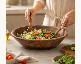 May include: A large, round, dark brown wooden salad bowl with a visible natural grain pattern. The bowl is filled with a fresh green salad containing sliced red tomatoes, cucumber rounds, and red onion rings, tossed with two matching wooden spoons.