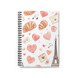 Parisian Dreams Spiral Notebook - Cute Heart & Croissant Design, Journal, Stationery, Gift for Her, Back to School, Travel Notes