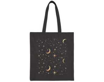 Celestial Moon & Stars Cotton Canvas Tote Bag: Gold Foil Design