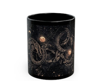Caneca Serpente Celestial Mística - Caneca de Café com Fases da Lua e Astrologia, Caneca com Arte do Zodíaco Cósmico, Presente Espacial e Bruxo