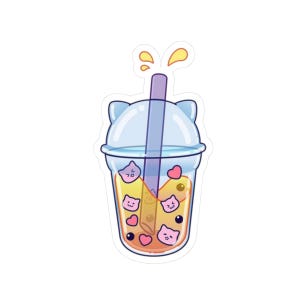 May include: A sticker featuring a cartoon illustration of a bubble tea drink. The clear cup has a light blue lid with cat ear shapes, a purple straw, and is filled with orange liquid and cat-shaped boba and pink hearts.