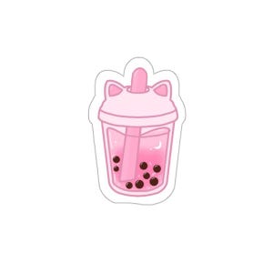 May include: A pink bubble tea sticker with a cat ear lid and a straw. The drink has dark brown tapioca pearls and a pink liquid with a small crescent moon design.