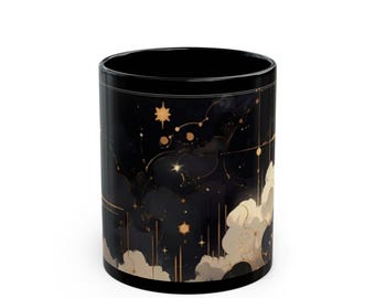 Taza Celestial / Taza de Café con Luna Dorada, Estrellas y Nubes