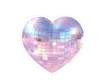 Sticker coeur disco irisé - Sticker vinyle coeur boule à facettes pastel, sticker esthétique rêveur mignon