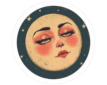 Blushing Vintage Moon Face Sticker - Celestial Lunar Art, Retro Moon Illustration for Laptop, Journal & Water Bottle