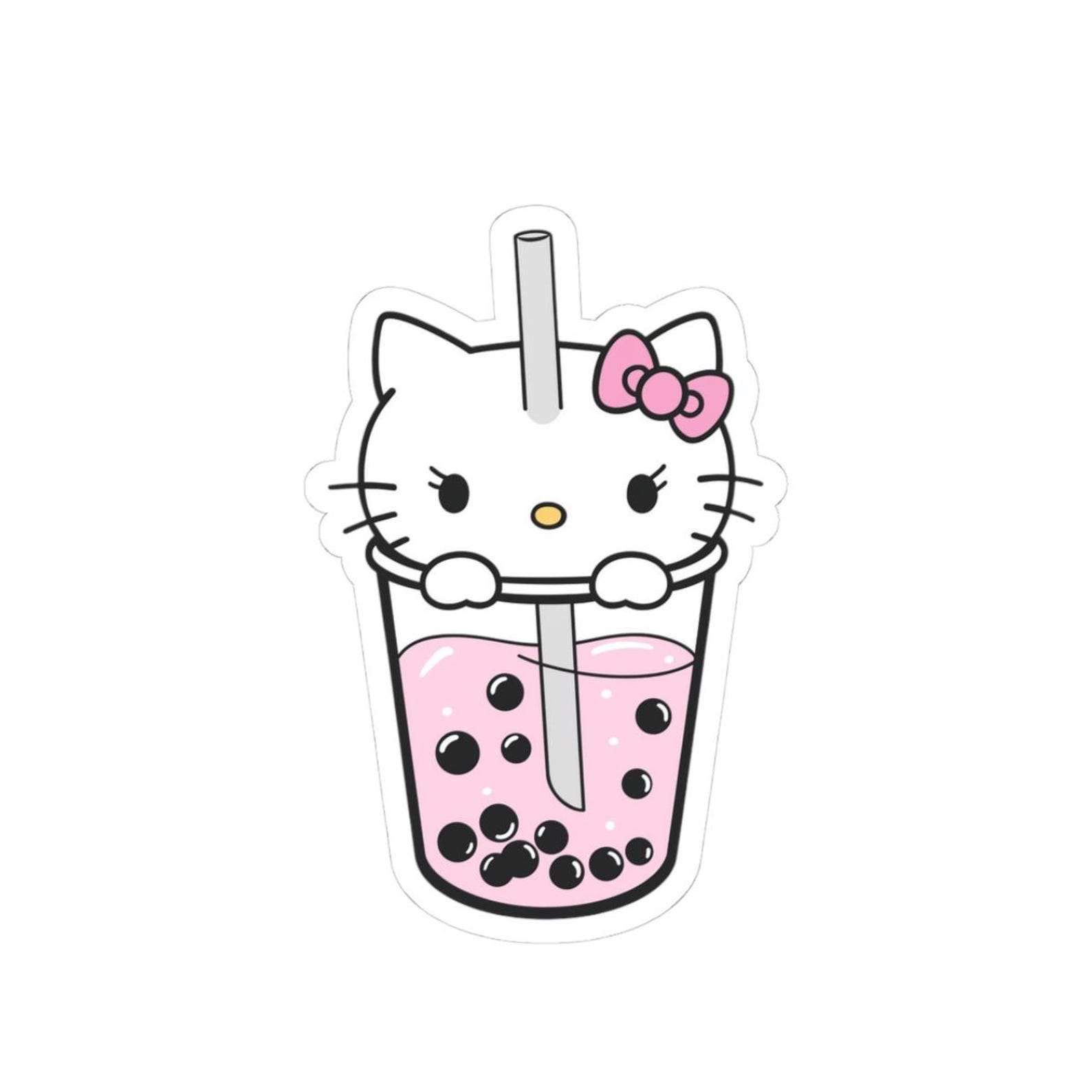Hello Kitty Boba Tea Sticker | Cute Pink Boba Cat Vinyl Decal - Pastel ...