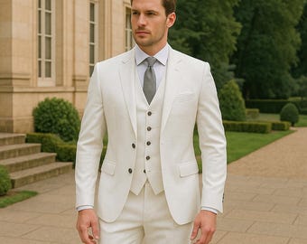 Traje blanco de 3 piezas para hombre / Esmoquin elegante para boda / Traje de novio de corte entallado y formal