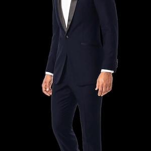 Midnight 2 Piece Blue Tuxedo for Men – Navy Tuxedo Suit, Wedding Tux, Formal Wear, Satin Stripe Pants, Slim Fit All Season Tuxedo