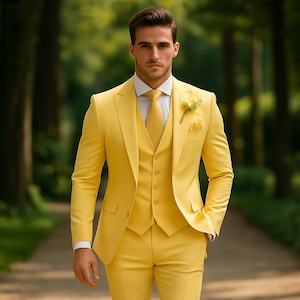Yellow 3 Piece Suit for Men – Tailored Fit Wedding Suit | Elegant Formal Wear | Premium Yellow Groom Suit | Stylish Men’s Outfit