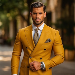 Tweedelig tijdloos mosterdgeel double-breasted herenkostuum – Slim-fit trouwkostuum | Feestkleding bruidegom | Formele zakelijke kleding