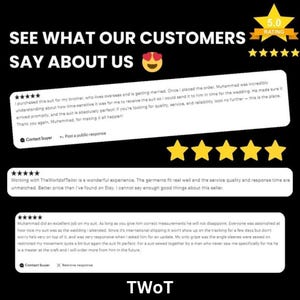May include: Image showcasing customer reviews with a 5-star rating. The text reads "SEE WHAT OUR CUSTOMERS SAY ABOUT US." Reviews highlight quality, service, and perfect fit. The seller's name is TWoT.