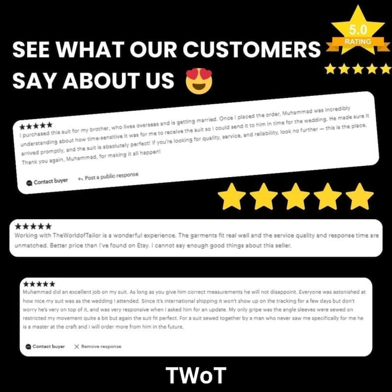 May include: Image showcasing customer reviews with a 5-star rating. The text reads "SEE WHAT OUR CUSTOMERS SAY ABOUT US." Reviews highlight quality, service, and perfect fit. The seller's name is TWoT.