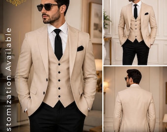 SPEDIZIONE GRATUITA / Abito da uomo beige a 3 pezzi / Abito da sposo / Smoking slim fit / Abito formale su misura