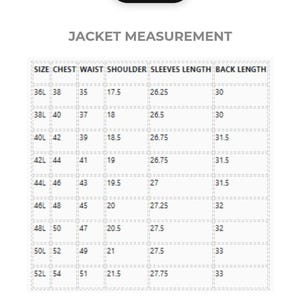 May include: Image of a garment measurement chart for slim fit clothing. The chart includes jacket and trouser measurements, with options for regular and long lengths. Measurements are in inches.
