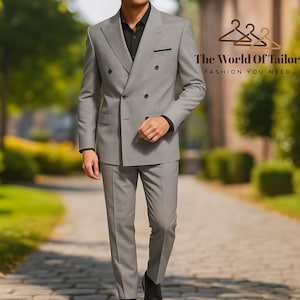 Custom Spanish Gray 2 Piece Suit for Men – Double Breasted Peak Lapel | Formal Wedding & Business Suit | Elegant Six Button Suit