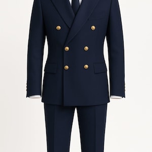 Custom Dark Blue Double-Breasted Tuxedo: Slim Fit Wedding Suit groom outfit