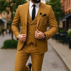 Mustard 3 Piece Slim Fit Suit for Men | Wedding Groom Party Wear | Two Button Blazer with Vest & Pants | Stylish Mustard Suit
