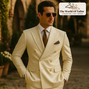 Premium Ivory Double-Breasted Men&#39;s Suit – Tailored Two-Piece Formal Suit for Wedding, Parties, and Special Events