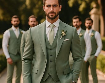 Op de afbeelding: Een drieledig saliegroen pak met een wit overhemd en bijpassende stropdas. Een kleine bloem is op de revers gespeld. Andere mannen in vergelijkbare pakken en vesten staan op de achtergrond.