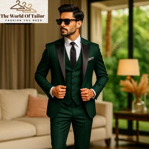 Men’s Green Tuxedo Suit – Slim Fit 3 Piece Stylish Green Suit for Wedding, Groom Wear, Formal Parties & Elegant Occasions