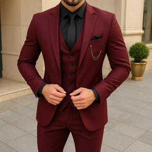 Classy Three Piece Burgundy Mens Suit for Wedding, Engagement, Prom, Groom wear and Groomsmen Suits, Stylish Men Suit - Red men Suit