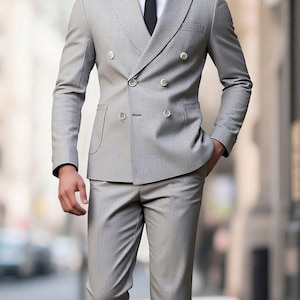Grey Double Breasted 2 Piece Men’s Suit – Wedding Suit, Formal Tuxedo, Groom Suit, 6 Button Business Suit, Classic Party Wear
