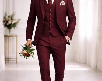 Burgundy 3 Piece Suit for Men • Slim Fit Wedding Groom Suit • Mens Formal Suit Prom Outfit • Custom Tailored Luxury Suit