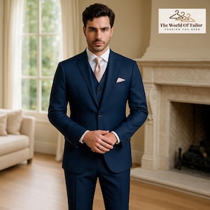 Midnight Blue Three Piece Suit for Men – Luxurious Custom Fit Suit, Groom Wedding Suit, Formal Prom Suit, Tuxedo for Men