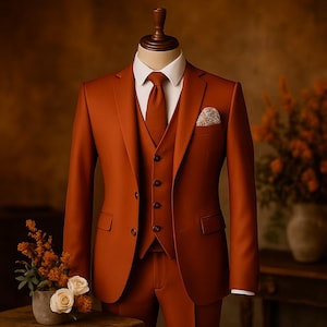 Elegant Rust 3 Piece Suit for Men – Tailored Fit Wedding Suit | Formal Groom Outfit | Stylish Party & Event Suit