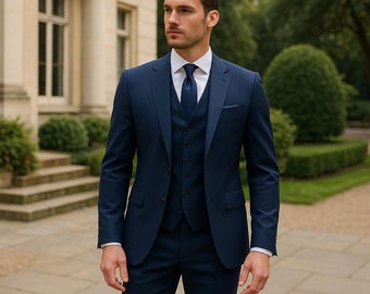 Men's Navy Blue 3-Piece Suit | Slim Fit Wedding Groom Attire