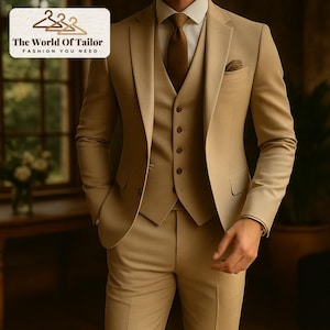 Beige 3-Piece Men&#39;s Suit – Slim Fit Tailored Suit for Weddings, Business, Parties & Formal Events