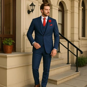 Navy Blue Three Piece Men’s Suit – Custom Slim Fit Wedding Suit, Groom Tuxedo, Prom Suit, Formal Groomsmen Bespoke Suit