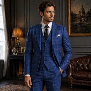 May include: A three-piece blue plaid suit with a white dress shirt and black tie. The suit includes a jacket, vest, and trousers. A white pocket square is visible in the jacket pocket. The suit is worn in a room with a lamp and a painting.