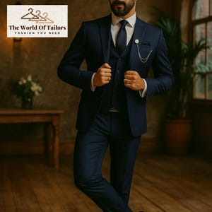 Men's Navy 3-Piece Slim Fit Suit with Collar Waistcoat – Premium Formal Wedding, Groom, Party & Business Wear