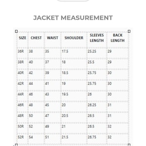 May include: A chart detailing slim fit garment measurements for jackets and trousers. The jacket measurements include chest, waist, shoulder, sleeve length, and back length. Trousers measurements include waist size, length, inseam, and height.