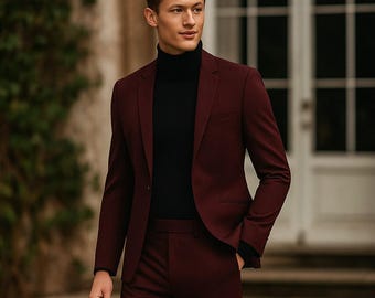 Men&#39;s Trendy Wine 2-Piece Suit – Tailored Wedding & Prom Suit | Formal Groom | Groomsmen Wear | Elegant Custom Suit