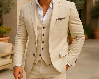 Custom Beige Slim Fit Suit: Tailored Three Piece Wedding Attire groom outfit