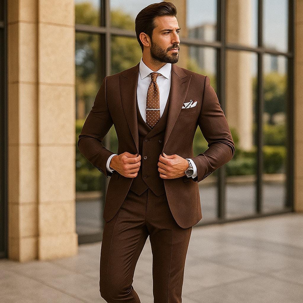 Custom Brown Three-Piece Suit: Bespoke Wedding & Prom Attire groom outfit Custom Brown Three-Piece Suit: Bespoke Wedding & Prom Attire groom outfit