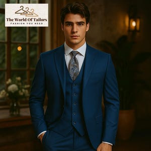 Men Suits Blue 3 Piece Slim Fit One Button Wedding Groom Party Wear Coat Pant, Peak Lapel Suit, Men Blue Suit, Blue Slim Fit Suit