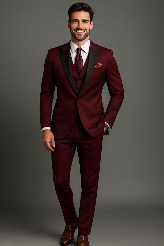 Burgundy 3-Piece Slim Fit Suit: Black Lapel Wedding Tuxedo groom outfit